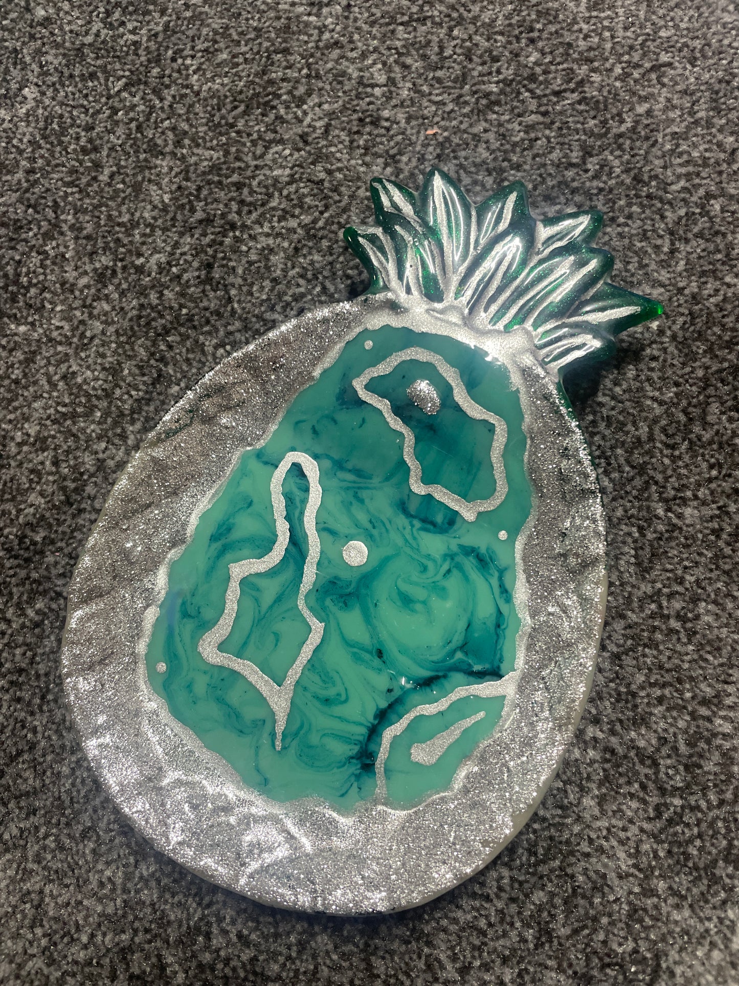 Silver Glitter and green marble geode Pineapple Resin Trinket Tray