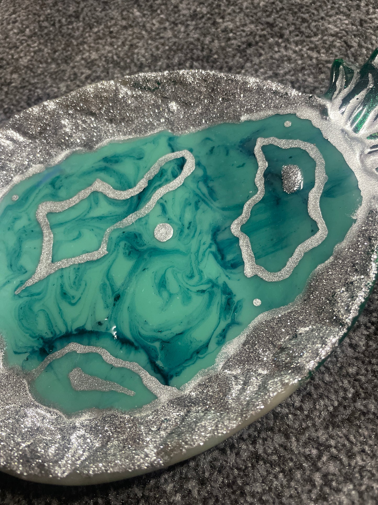 Silver Glitter and green marble geode Pineapple Resin Trinket Tray