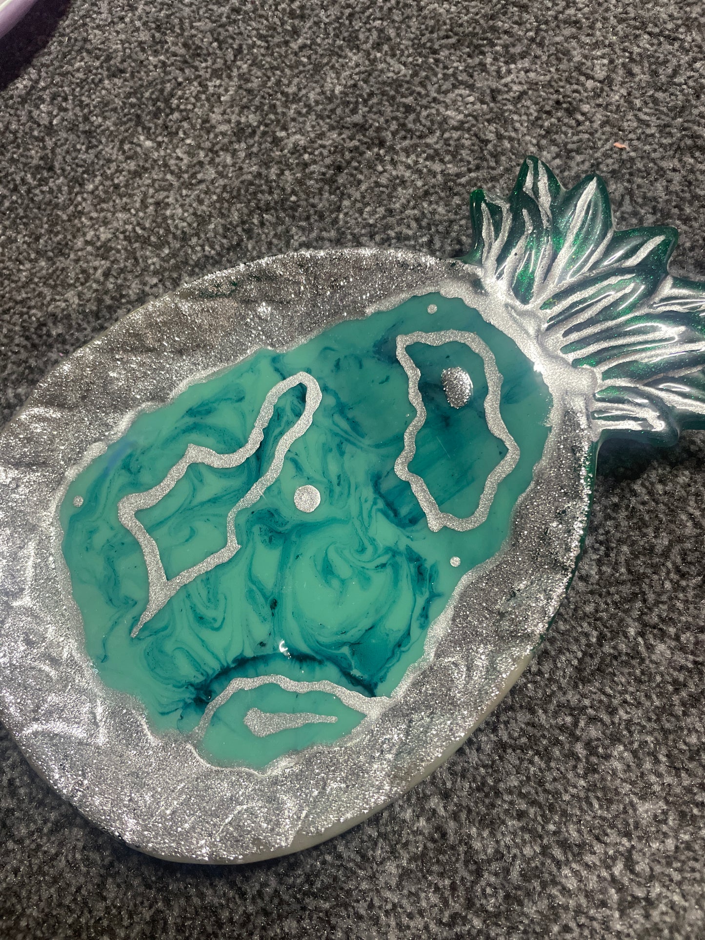 Silver Glitter and green marble geode Pineapple Resin Trinket Tray