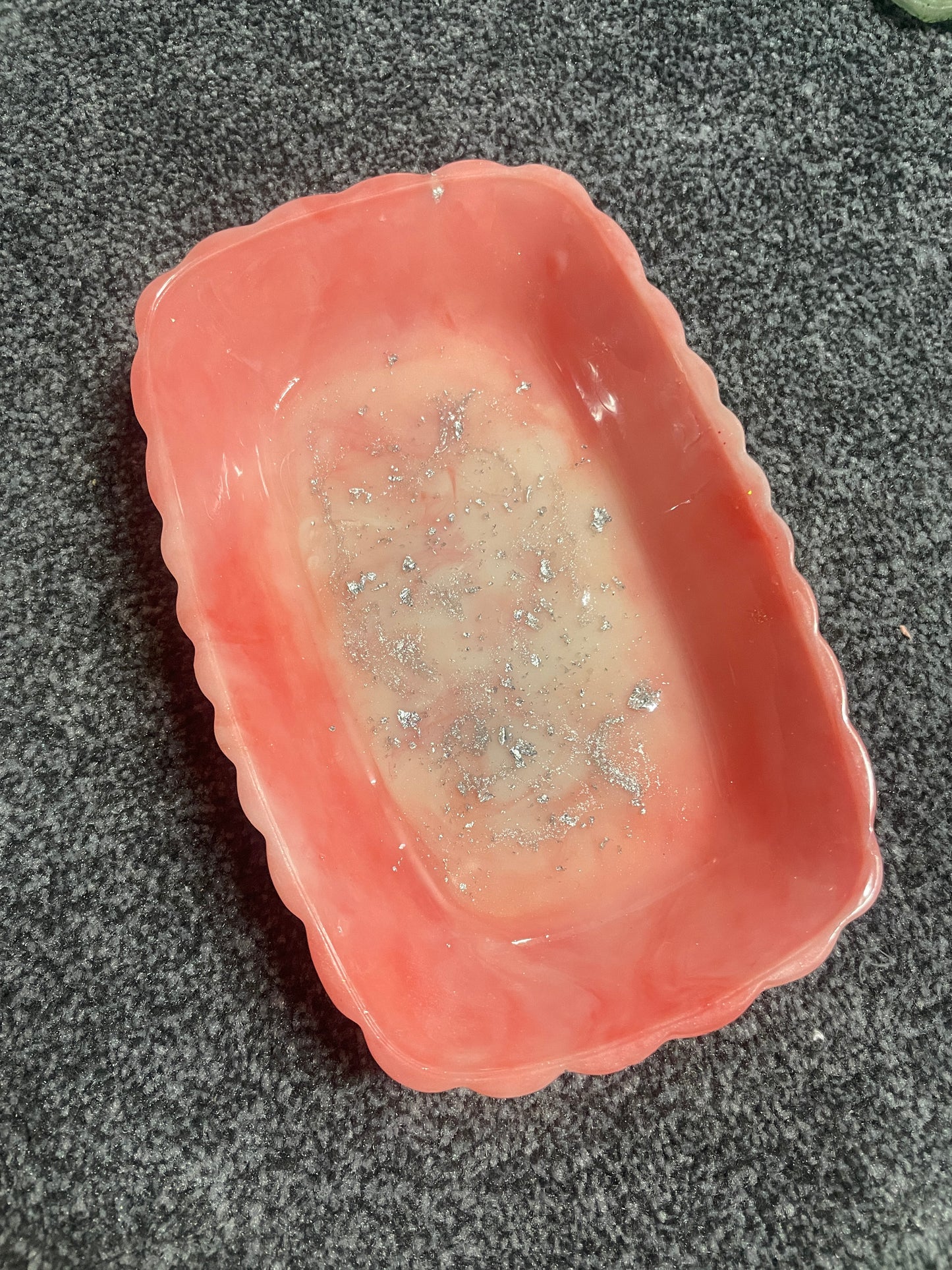 Red and White Marble With Silver Flakes Rectangle Pleated Resin Trinket Tray