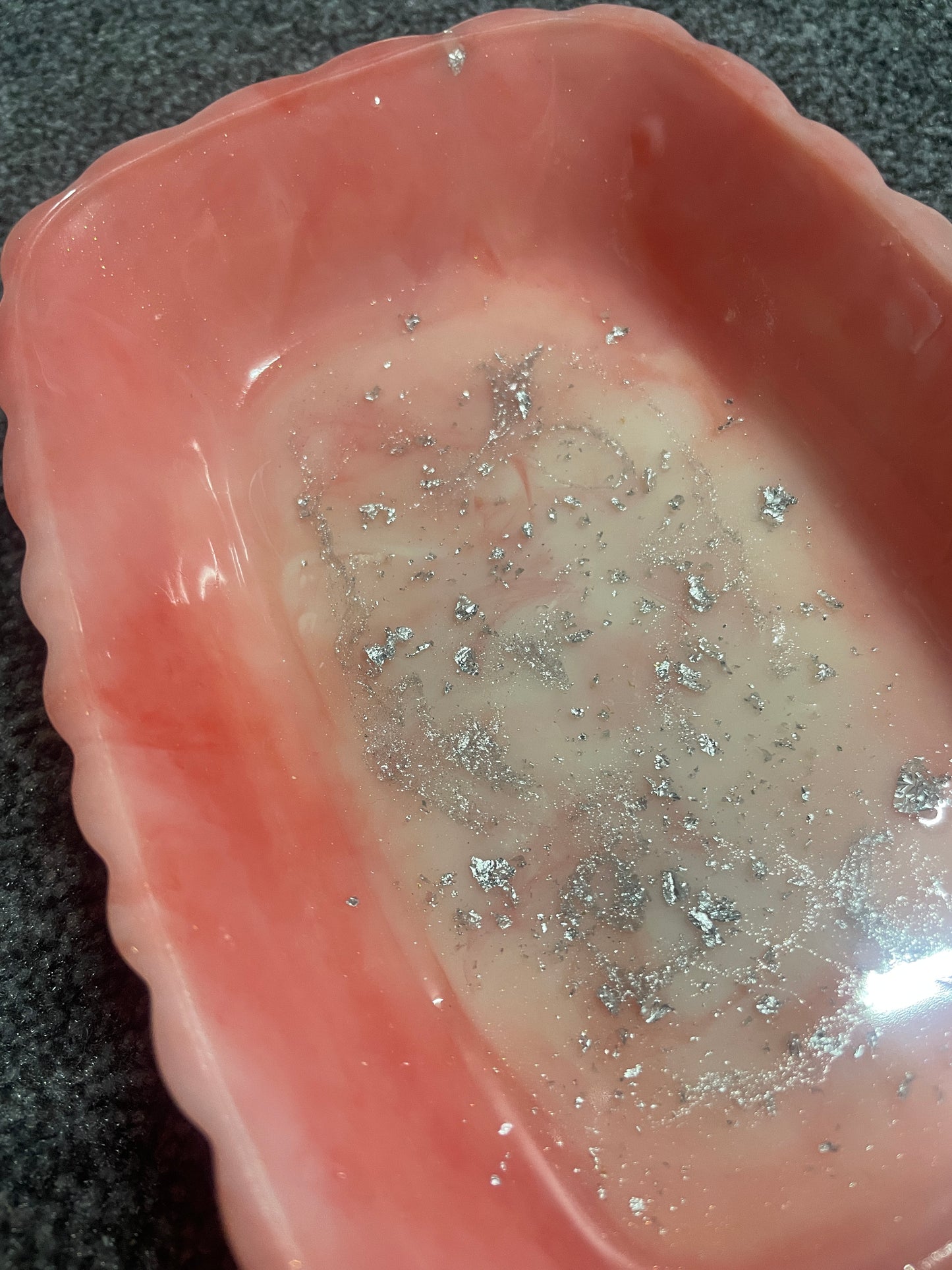 Red and White Marble With Silver Flakes Rectangle Pleated Resin Trinket Tray