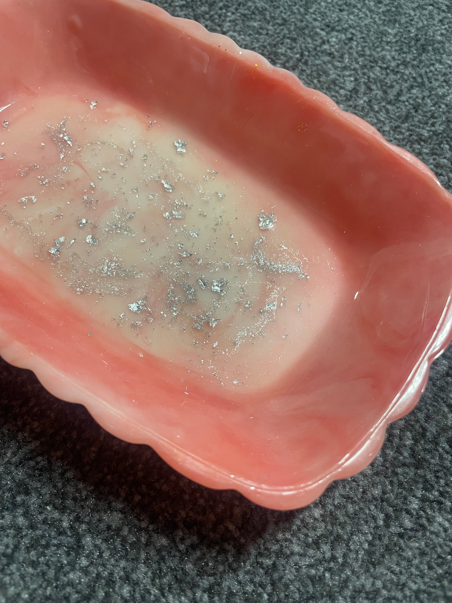 Red and White Marble With Silver Flakes Rectangle Pleated Resin Trinket Tray