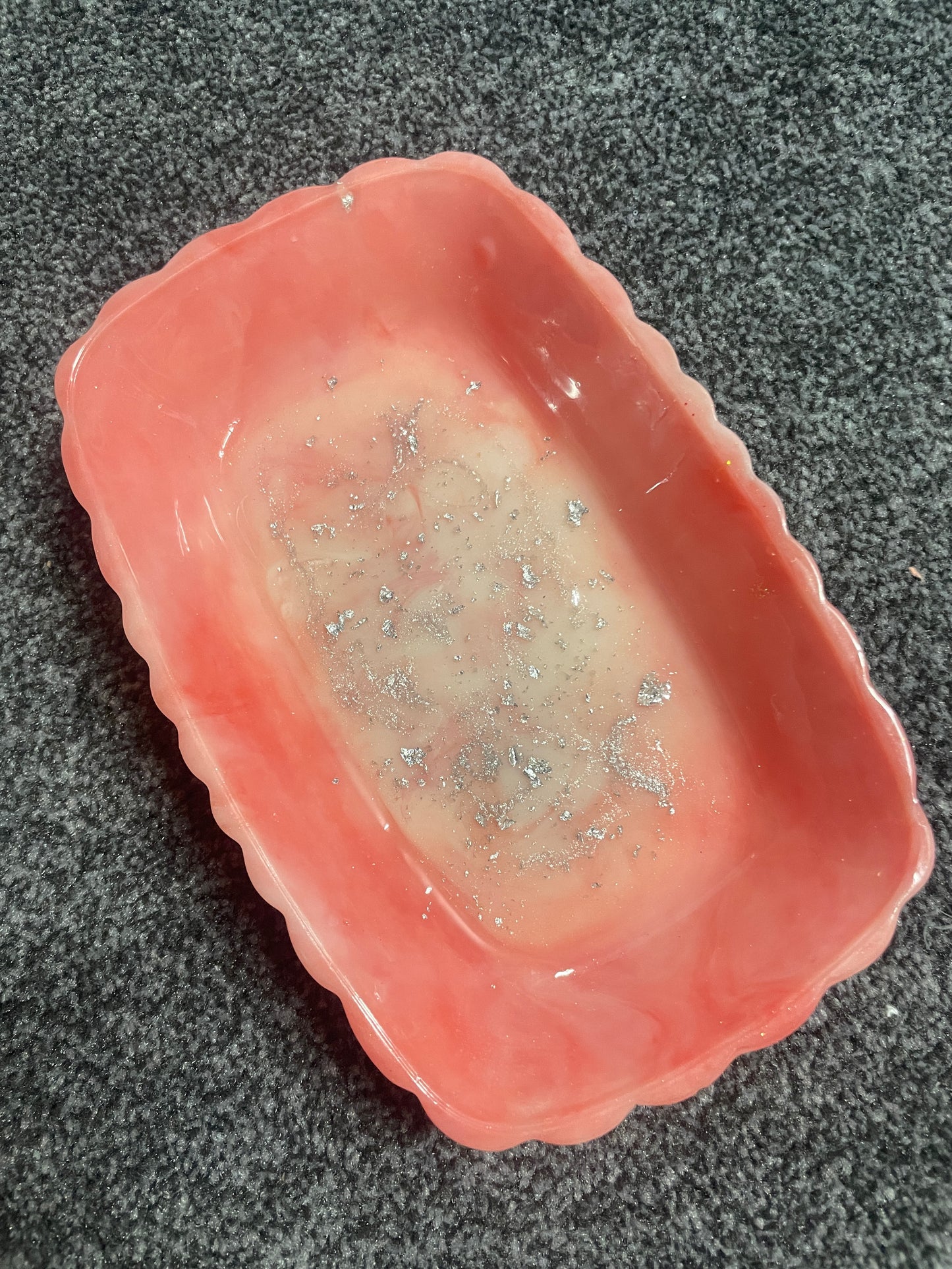 Red and White Marble With Silver Flakes Rectangle Pleated Resin Trinket Tray