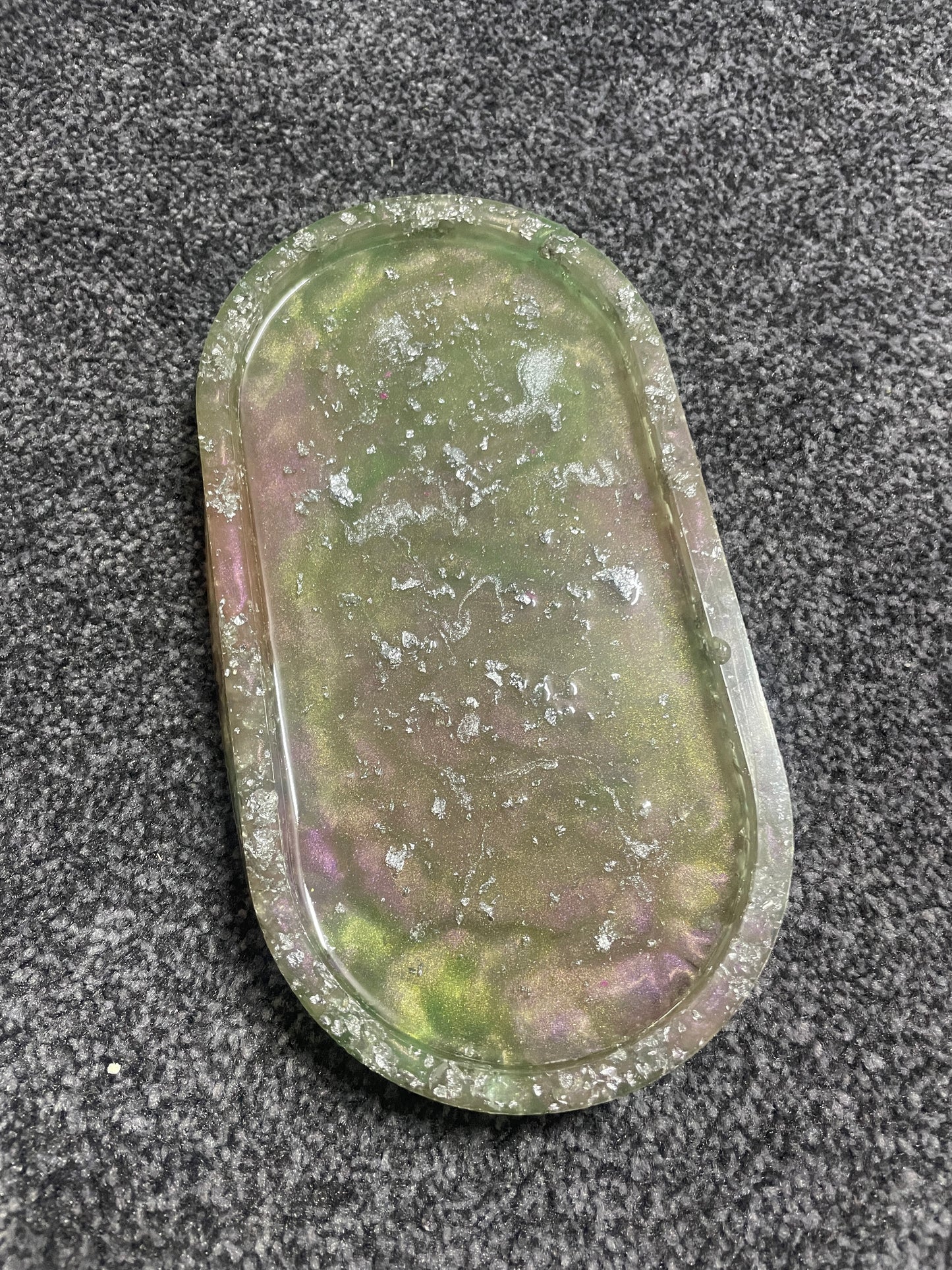 Light pink and light green with silver Flakes Oval Resin Trinket Tray