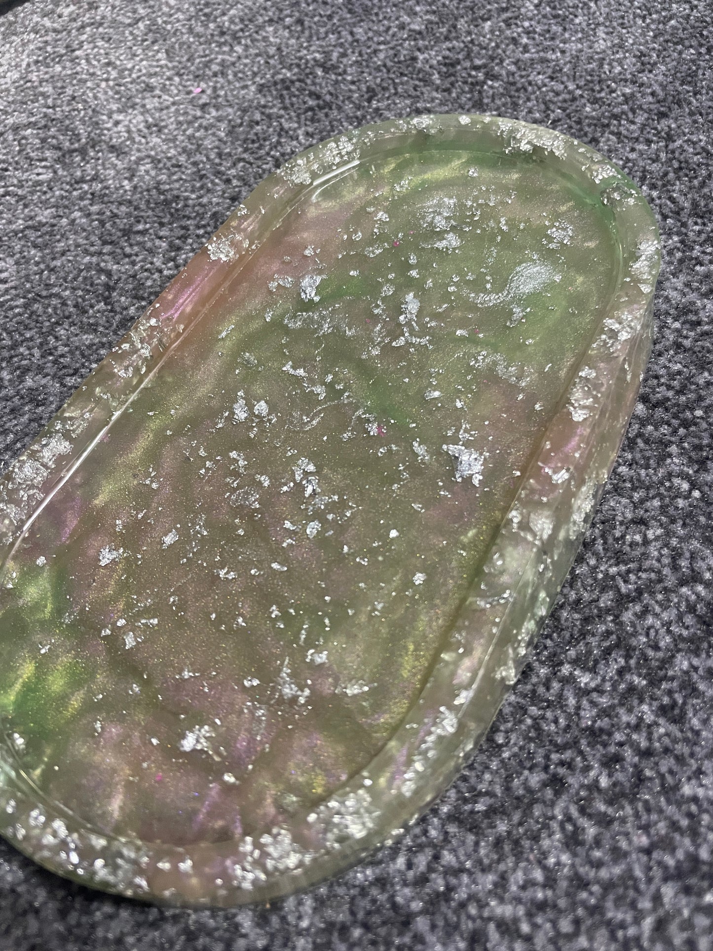 Light pink and light green with silver Flakes Oval Resin Trinket Tray