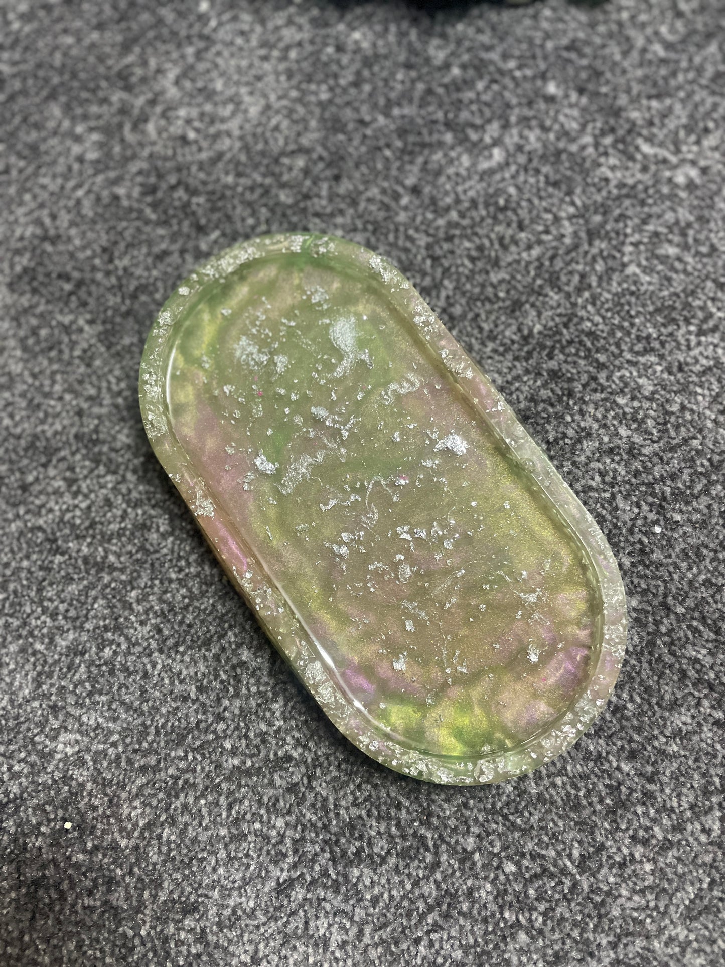 Light pink and light green with silver Flakes Oval Resin Trinket Tray