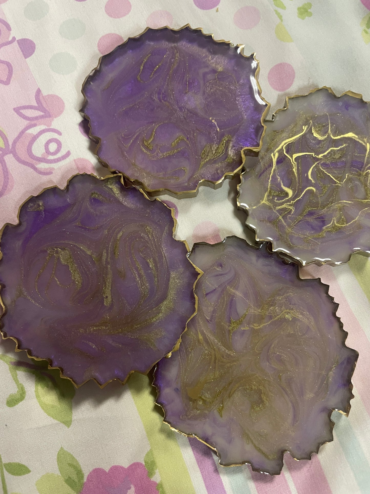 Purple, white and gold Small Irregular Round Coasters - Set of 4