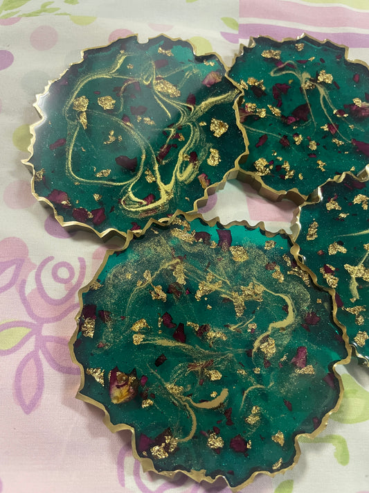 Green with gold flakes and rose petals Small Irregular Round Coasters - Set of 4