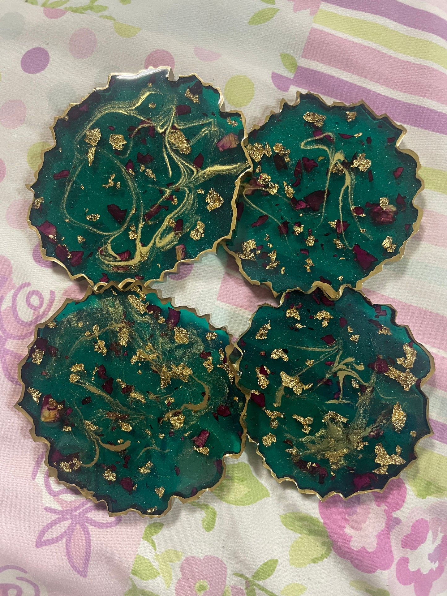 Green with gold flakes and rose petals Small Irregular Round Coasters - Set of 4