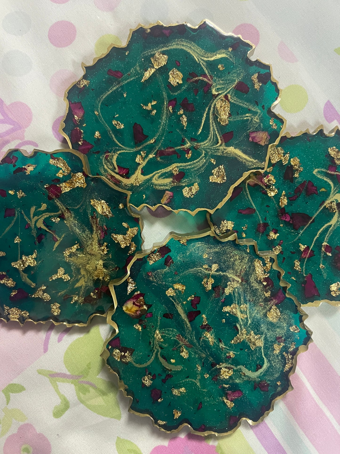 Green with gold flakes and rose petals Small Irregular Round Coasters - Set of 4