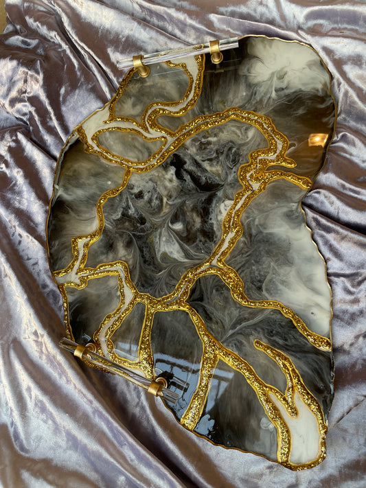 Black white and gold marble and glitter  - Extra Large Geode Resin Tray