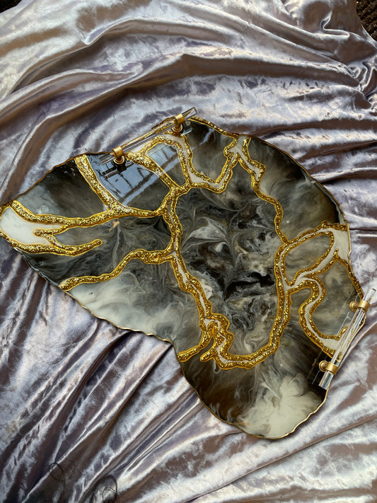 Black white and gold marble and glitter  - Extra Large Geode Resin Tray