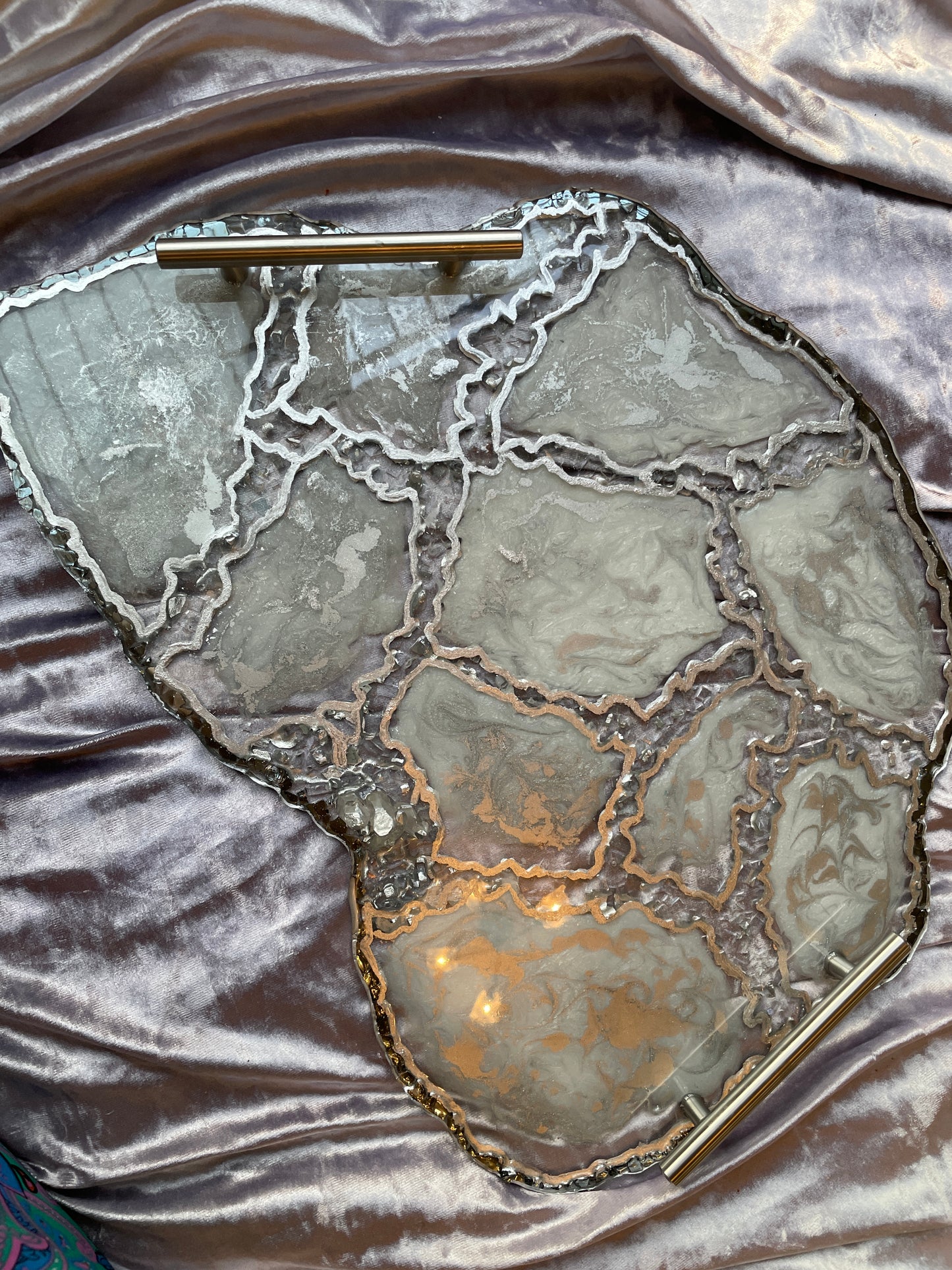 Silver and White Quartz and Glass  - Extra Large Geode Resin Tray