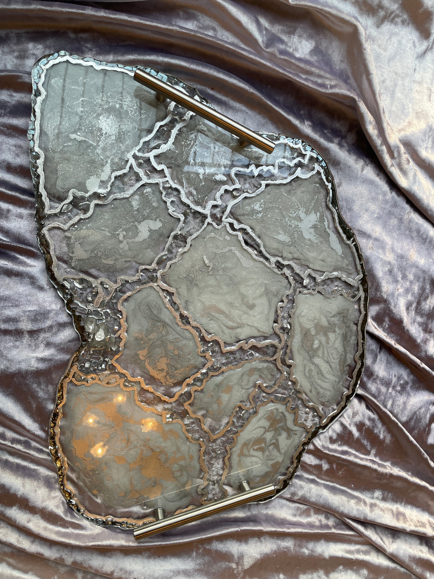 Silver and White Quartz and Glass  - Extra Large Geode Resin Tray