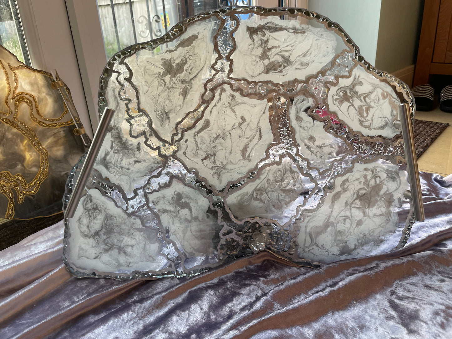 Silver and White Quartz and Glass  - Extra Large Geode Resin Tray