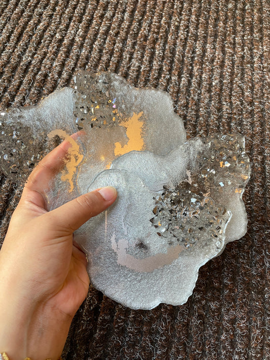 Silver, clear and fireglass Geode Resin Coasters - Set of 4