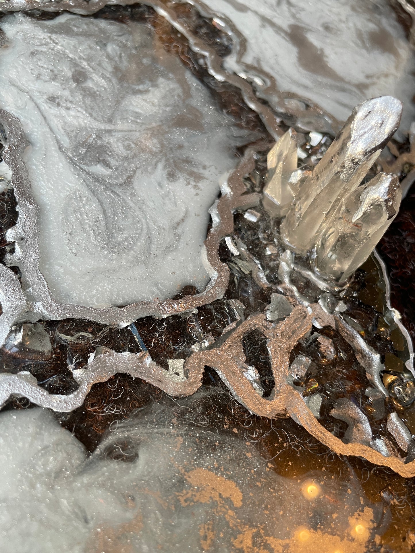 Silver and White Quartz and Glass  - Extra Large Geode Resin Tray