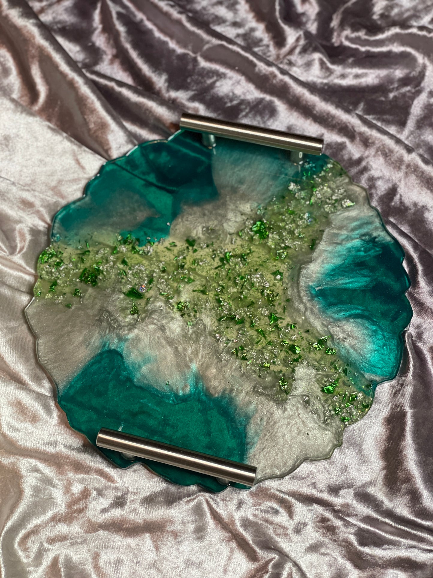 Green and Silver Dual Tone Foil & Glitter Design Round Tray