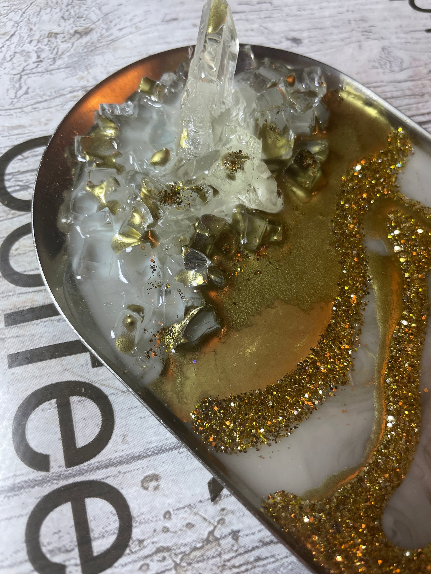 White, silver gold glitter and glasswork, Oval Silver Metal Resin Trinket Tray