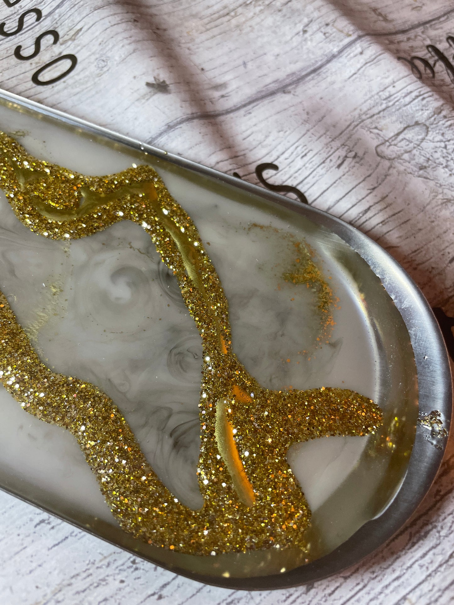 White, silver gold glitter and glasswork, Oval Silver Metal Resin Trinket Tray