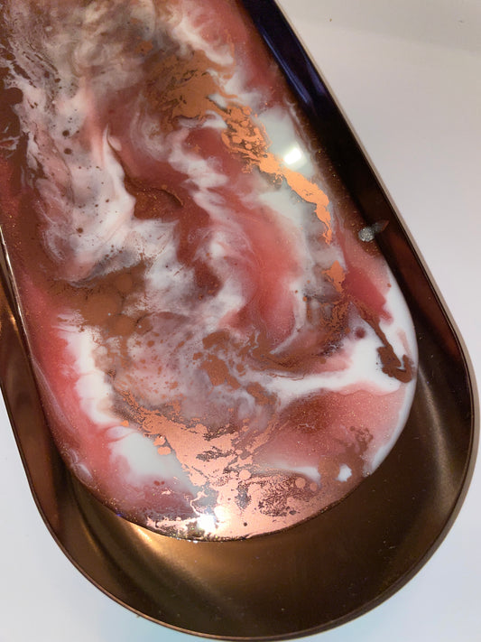 Pink, white and rose gold, Oval Rose-Gold Metal Resin Trinket Tray