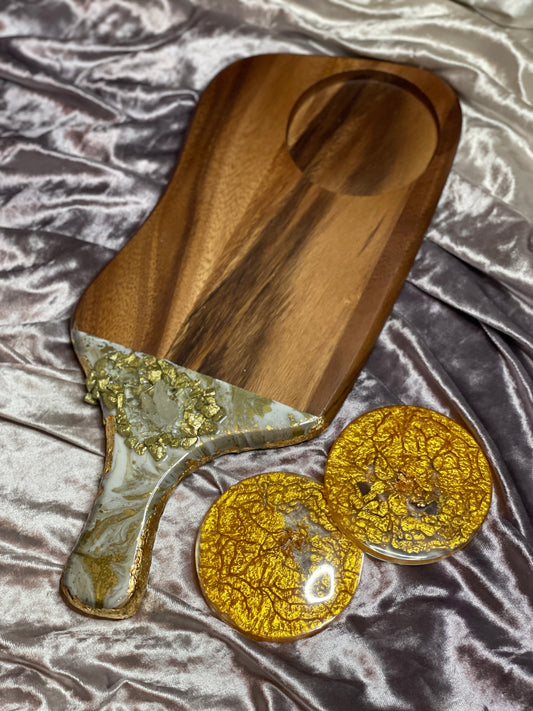 Acacia Resin Irregular Charcuterie Board and Resin Coaster Set - Custom