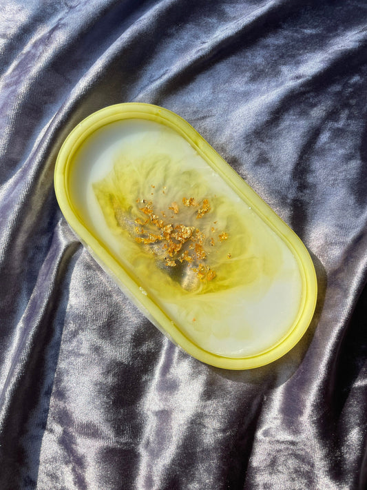 Yellow, White and Clear with Gold Flakes Oval Resin Trinket Tray - EpoxyCore - [shop_type] 