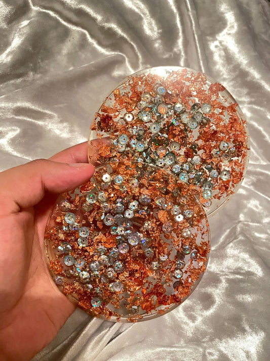 Rose Gold Flakes and Sequins with Clear Resin Coasters - Set of 2 - EpoxyCore - [shop_type] 