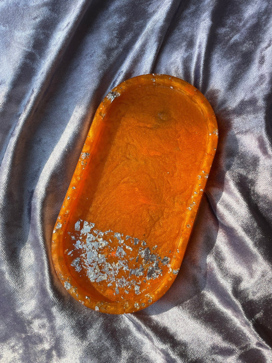 Orange with SIlver Flakes Oval Resin Trinket Tray - EpoxyCore - [shop_type] 