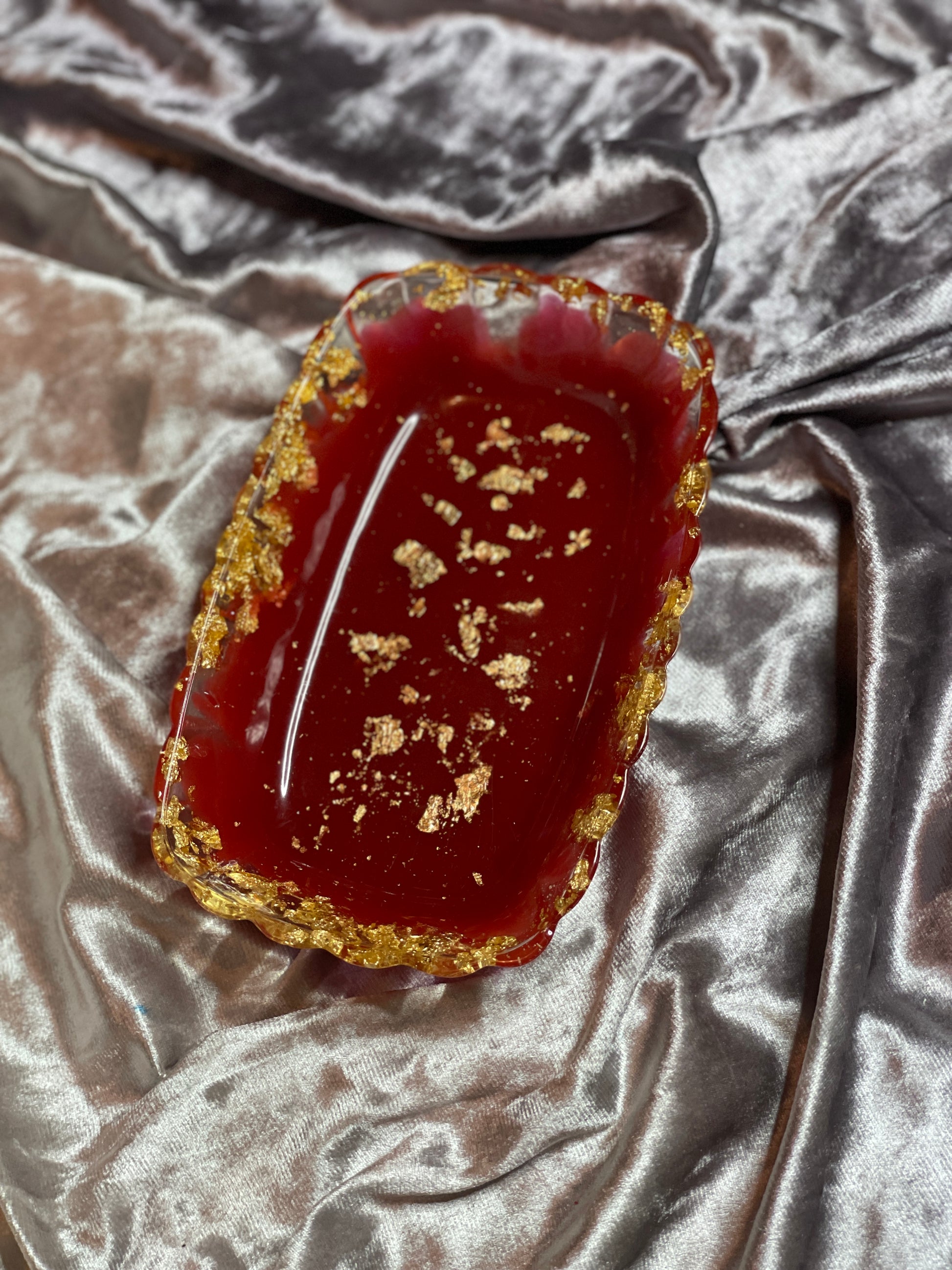 Red, Clear and Gold Flakes Rectangle Pleated Resin Trinket Tray - EpoxyCore - [shop_type] 