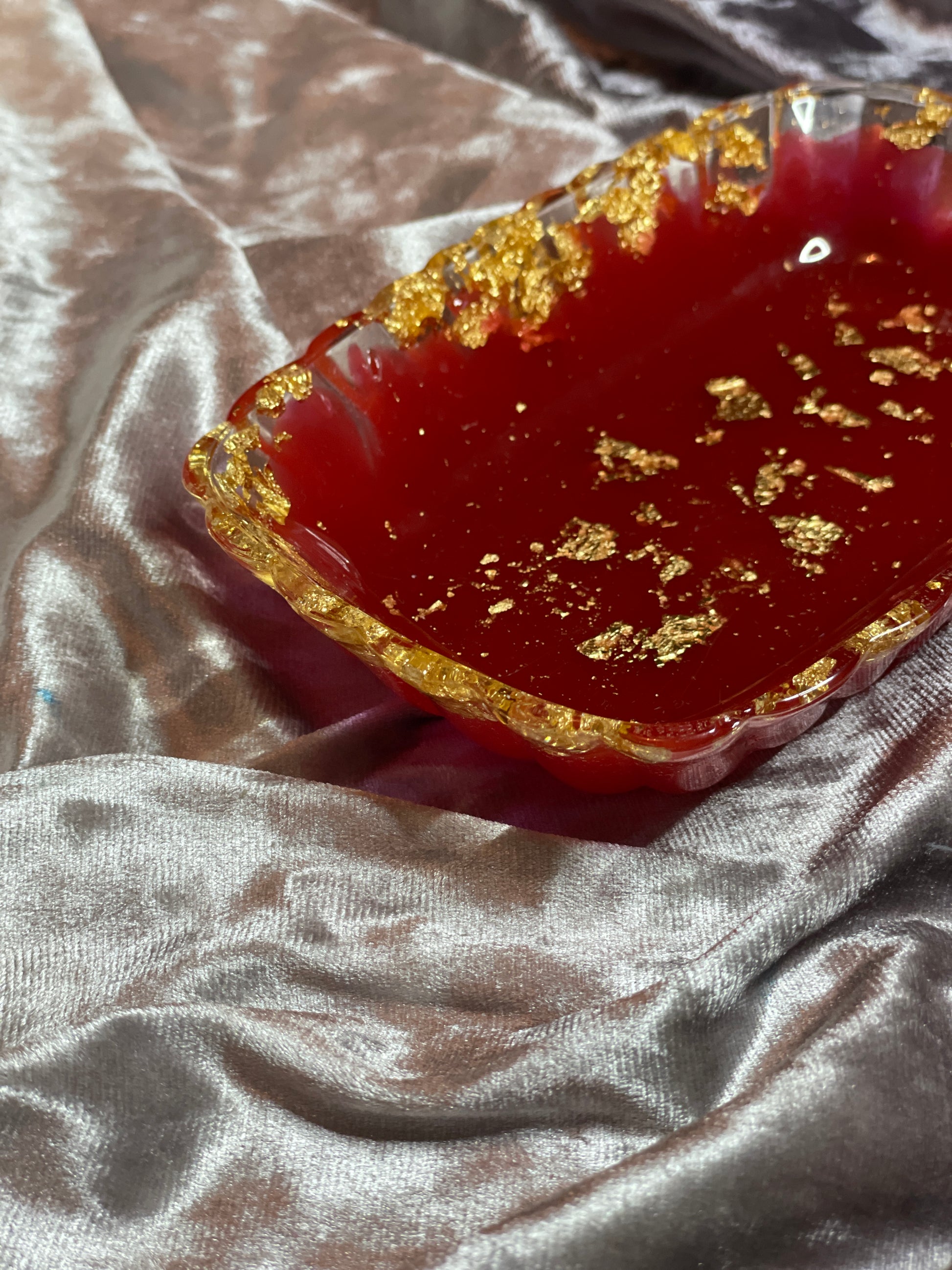 Red, Clear and Gold Flakes Rectangle Pleated Resin Trinket Tray - EpoxyCore - [shop_type] 