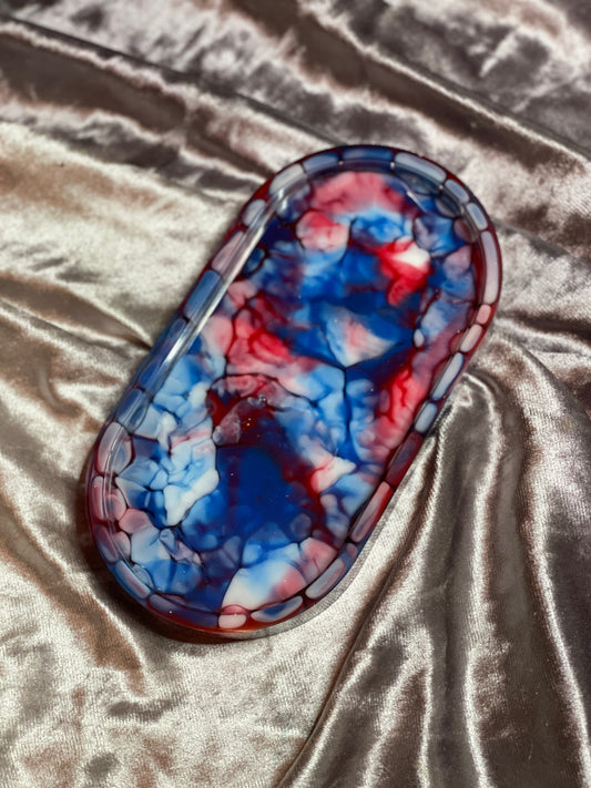 Blue, Red and White Crackle Oval Resin Trinket Tray - EpoxyCore - [shop_type] 