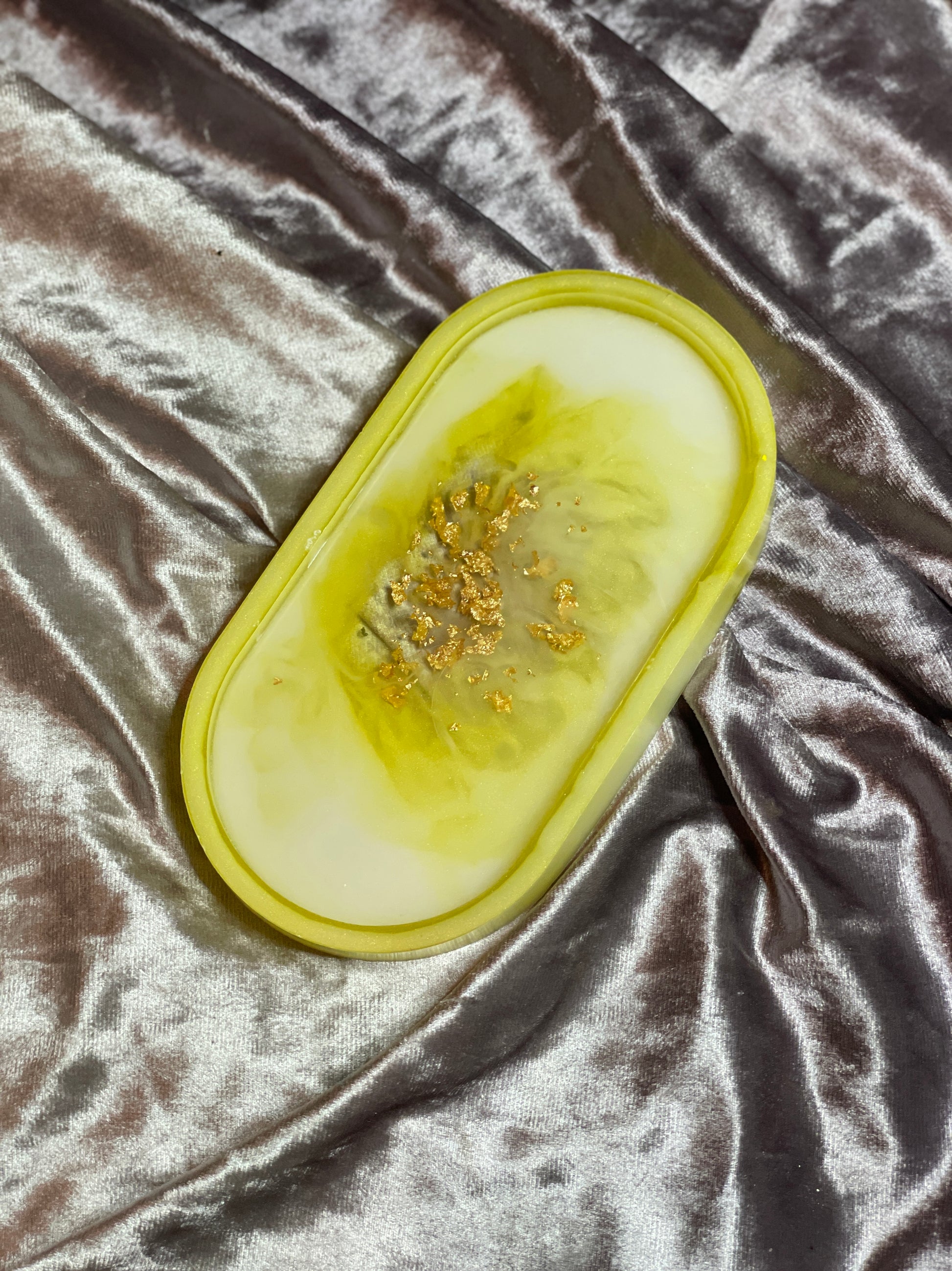 Yellow, White and Clear with Gold Flakes Oval Resin Trinket Tray - EpoxyCore - [shop_type] 