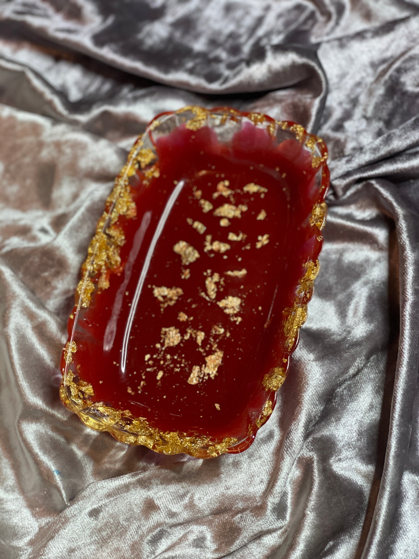 Red, Clear and Gold Flakes Rectangle Pleated Resin Trinket Tray - EpoxyCore - [shop_type] 