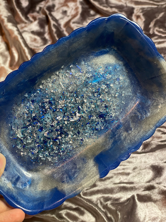 Blue and Silver Marble with Silver and Blue Flakes and Glitter Rectangle Pleated Resin Trinket Tray - EpoxyCore - [shop_type] 