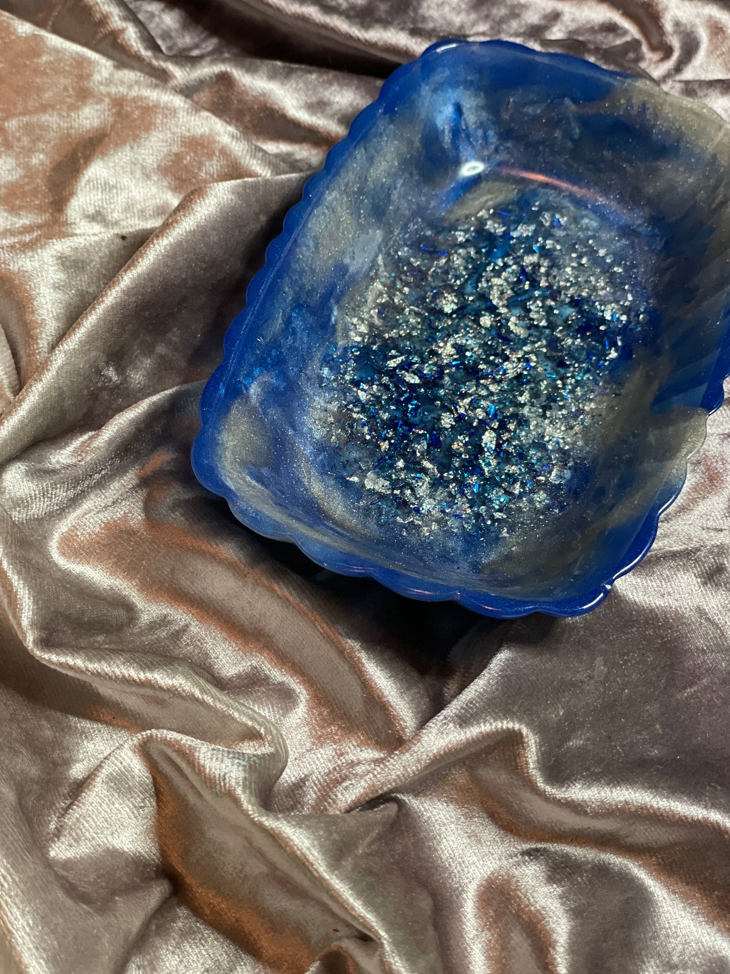 Blue and Silver Marble with Silver and Blue Flakes and Glitter Rectangle Pleated Resin Trinket Tray - EpoxyCore - [shop_type] 