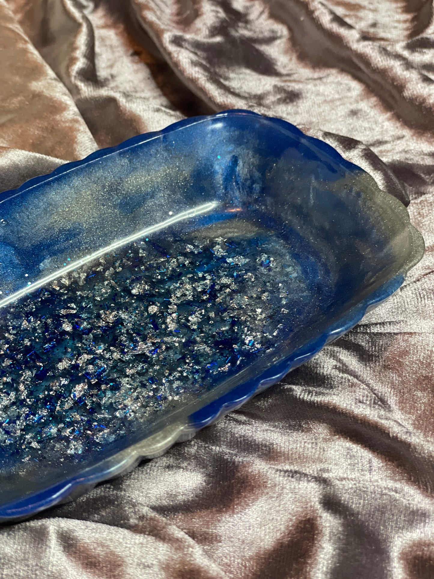 Blue and Silver Marble with Silver and Blue Flakes and Glitter Rectangle Pleated Resin Trinket Tray - EpoxyCore - [shop_type] 