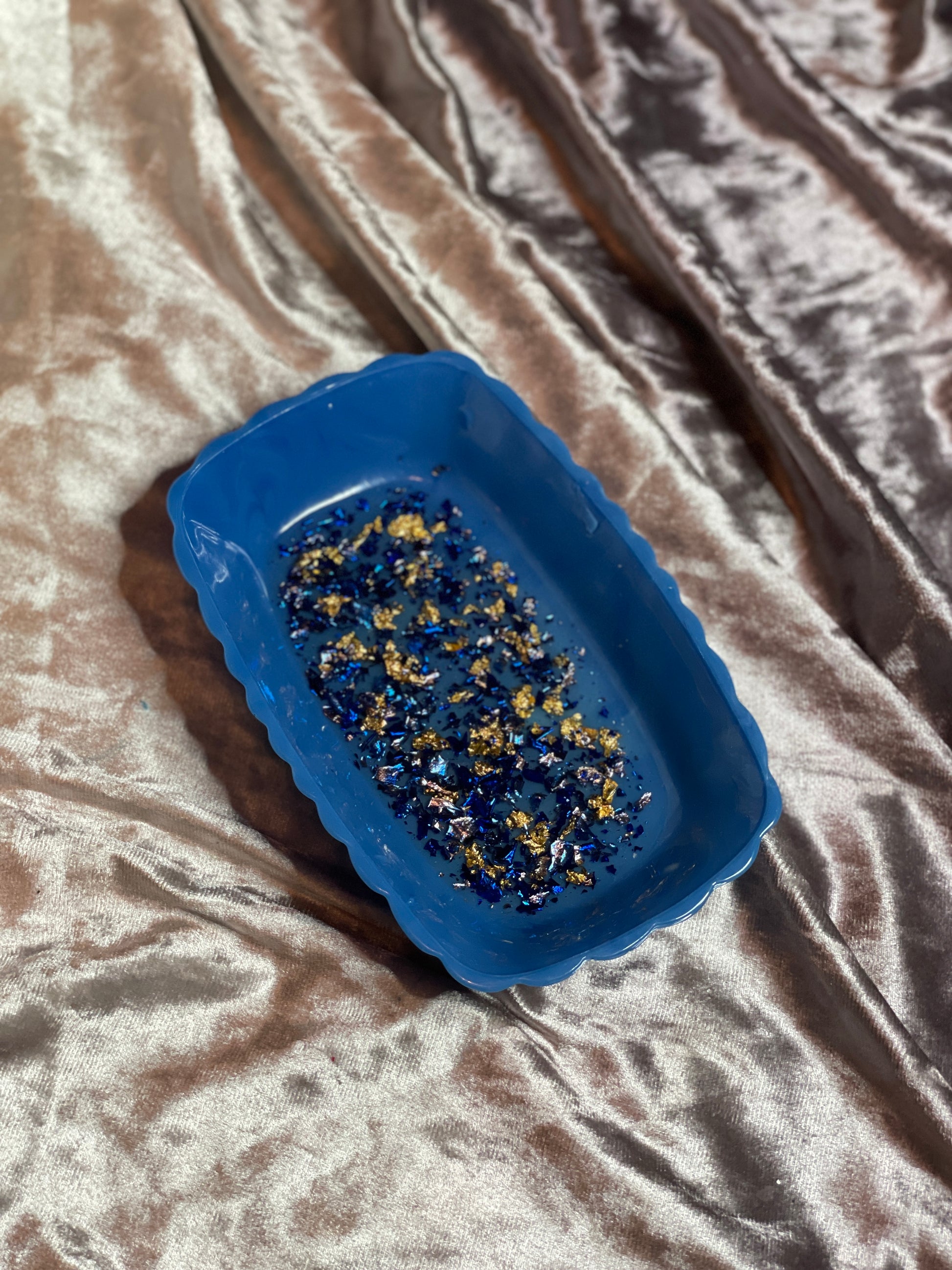 Blue with Gold and Blue Flakes Rectangle Pleated Resin Trinket Tray - EpoxyCore - [shop_type] 