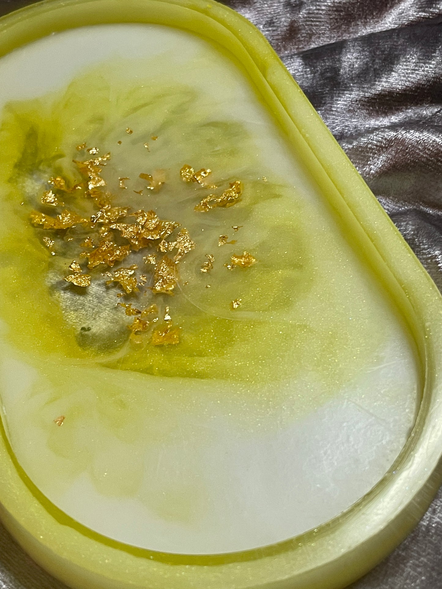 Yellow, White and Clear with Gold Flakes Oval Resin Trinket Tray - EpoxyCore - [shop_type] 