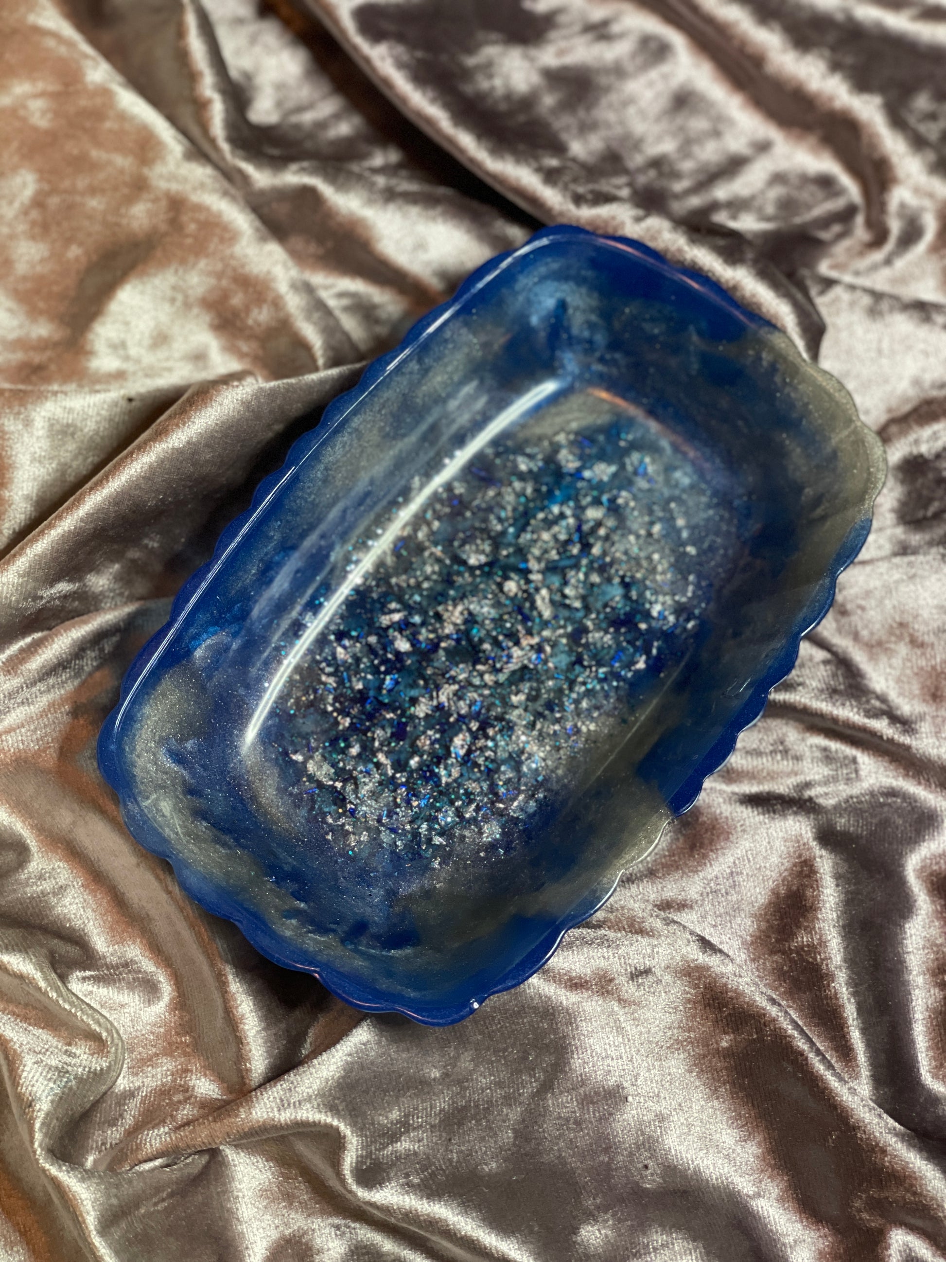 Blue and Silver Marble with Silver and Blue Flakes and Glitter Rectangle Pleated Resin Trinket Tray - EpoxyCore - [shop_type] 