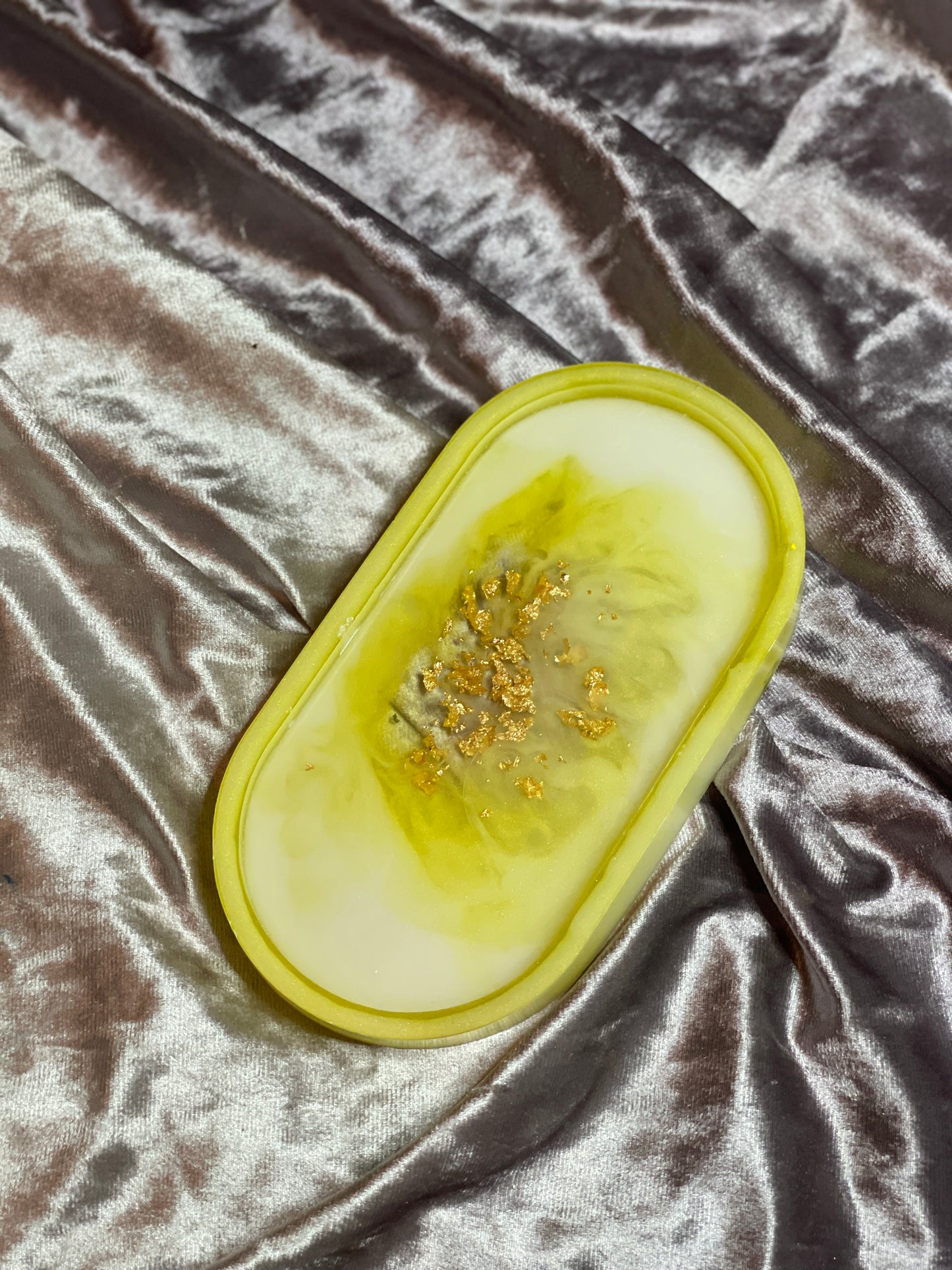 Yellow, White and Clear with Gold Flakes Oval Resin Trinket Tray - EpoxyCore - [shop_type] 