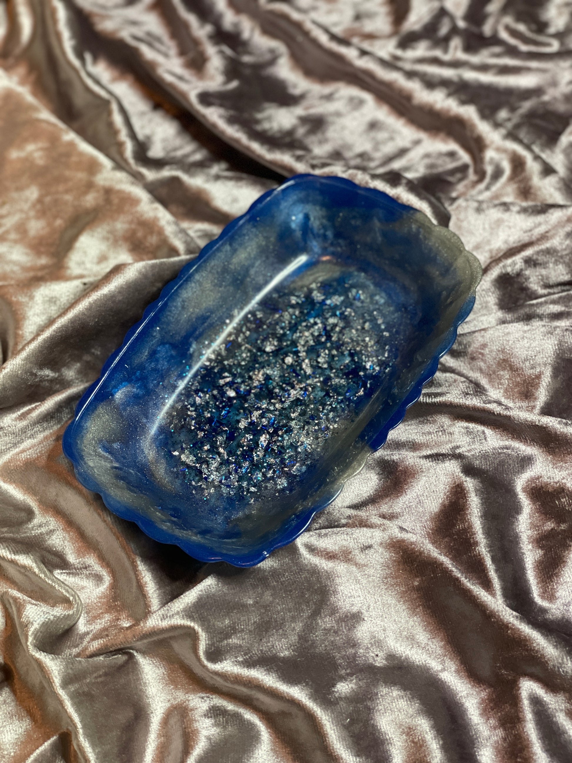 Blue and Silver Marble with Silver and Blue Flakes and Glitter Rectangle Pleated Resin Trinket Tray - EpoxyCore - [shop_type] 