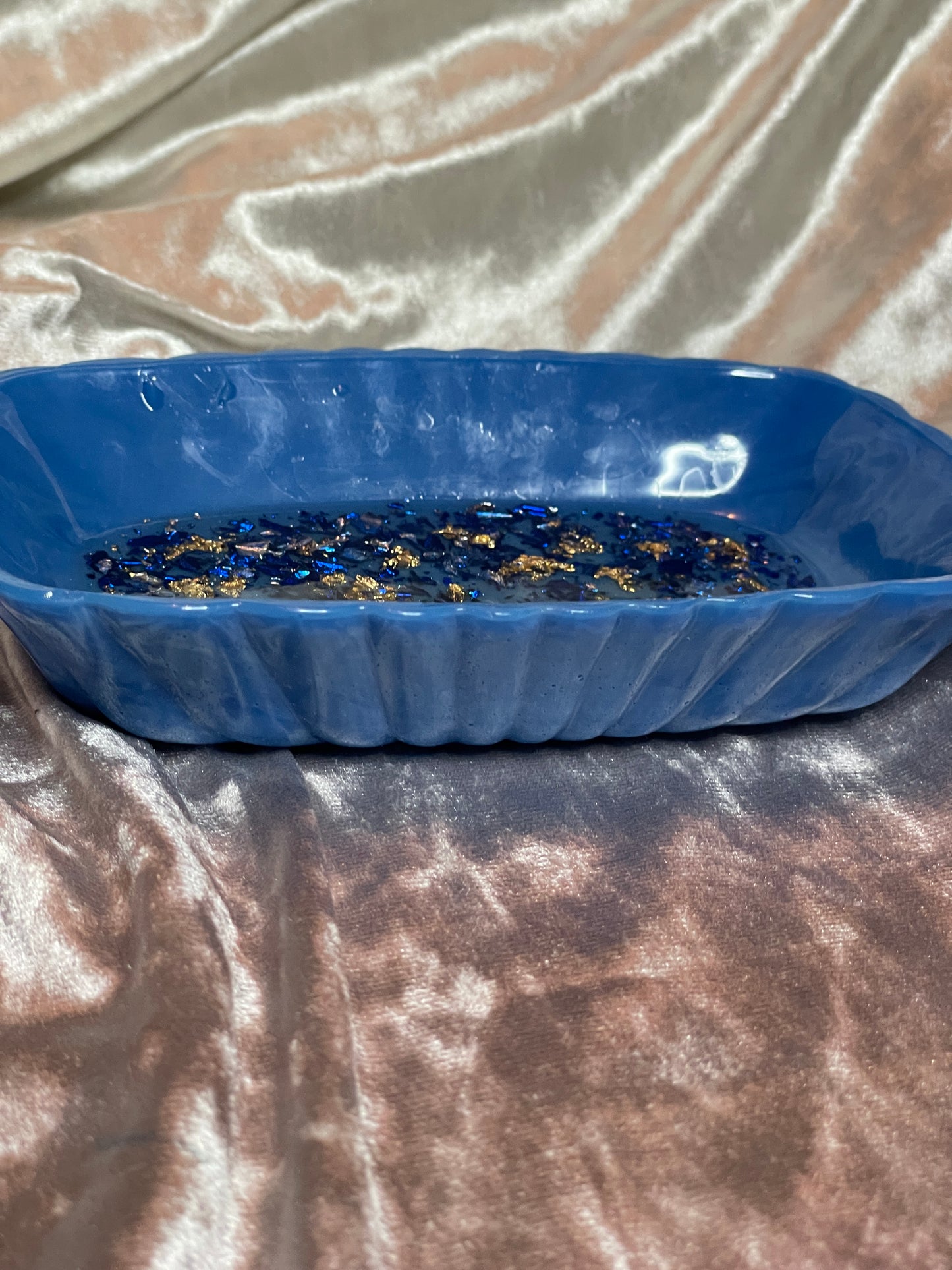 Blue with Gold and Blue Flakes Rectangle Pleated Resin Trinket Tray - EpoxyCore - [shop_type] 