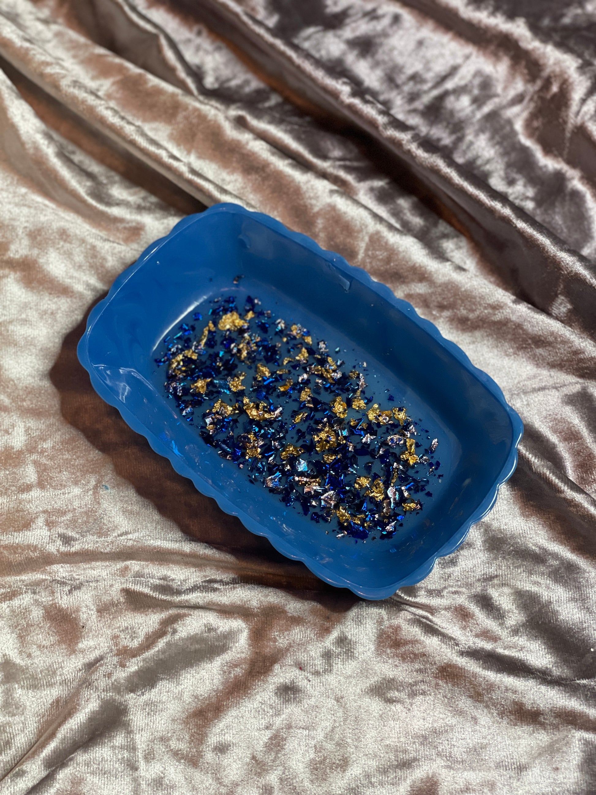 Blue with Gold and Blue Flakes Rectangle Pleated Resin Trinket Tray - EpoxyCore - [shop_type] 