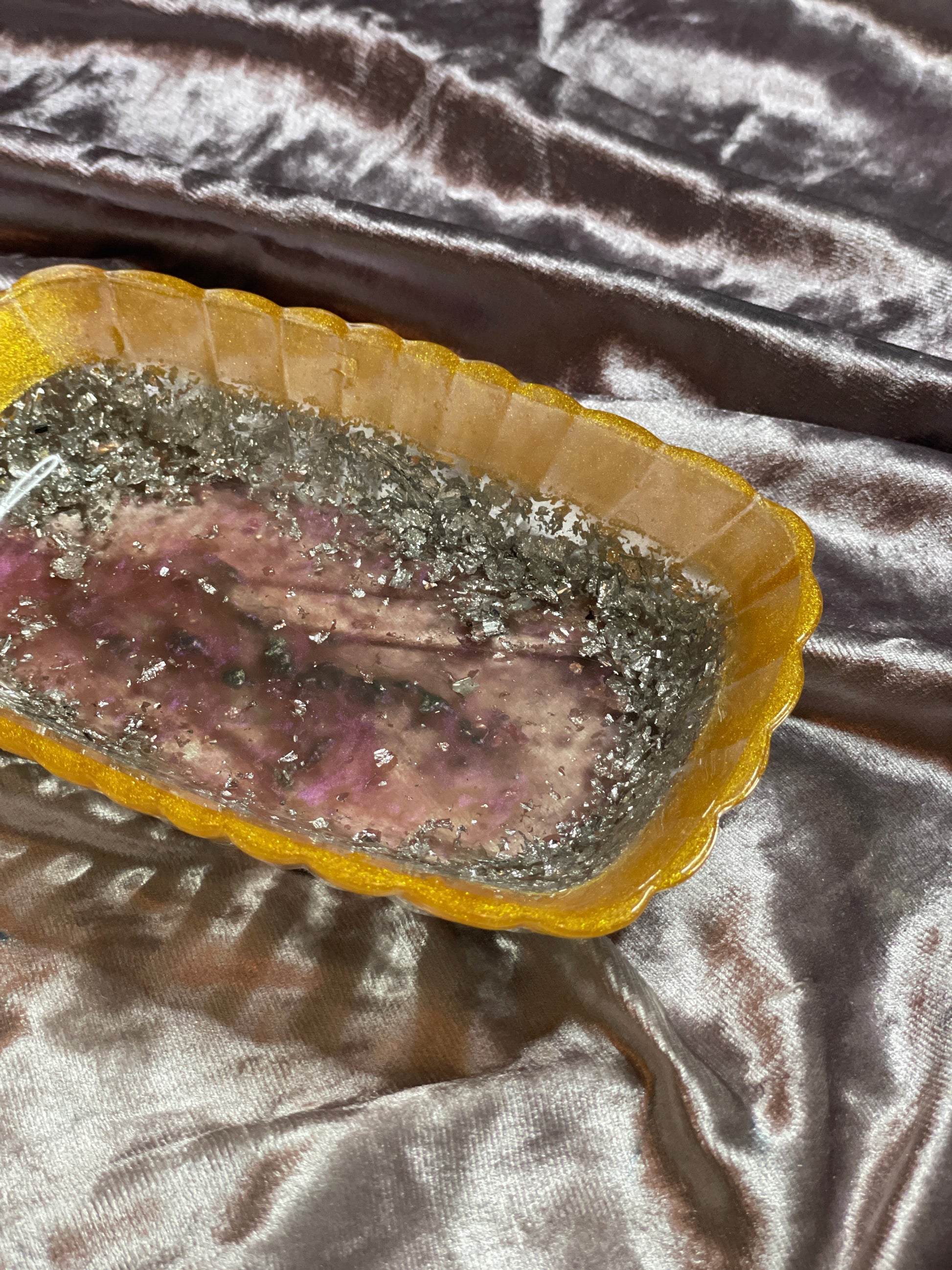 Gold, Pink and Clear with Silver Flakes Rectangle Pleated Resin Trinket Tray - EpoxyCore - [shop_type] 